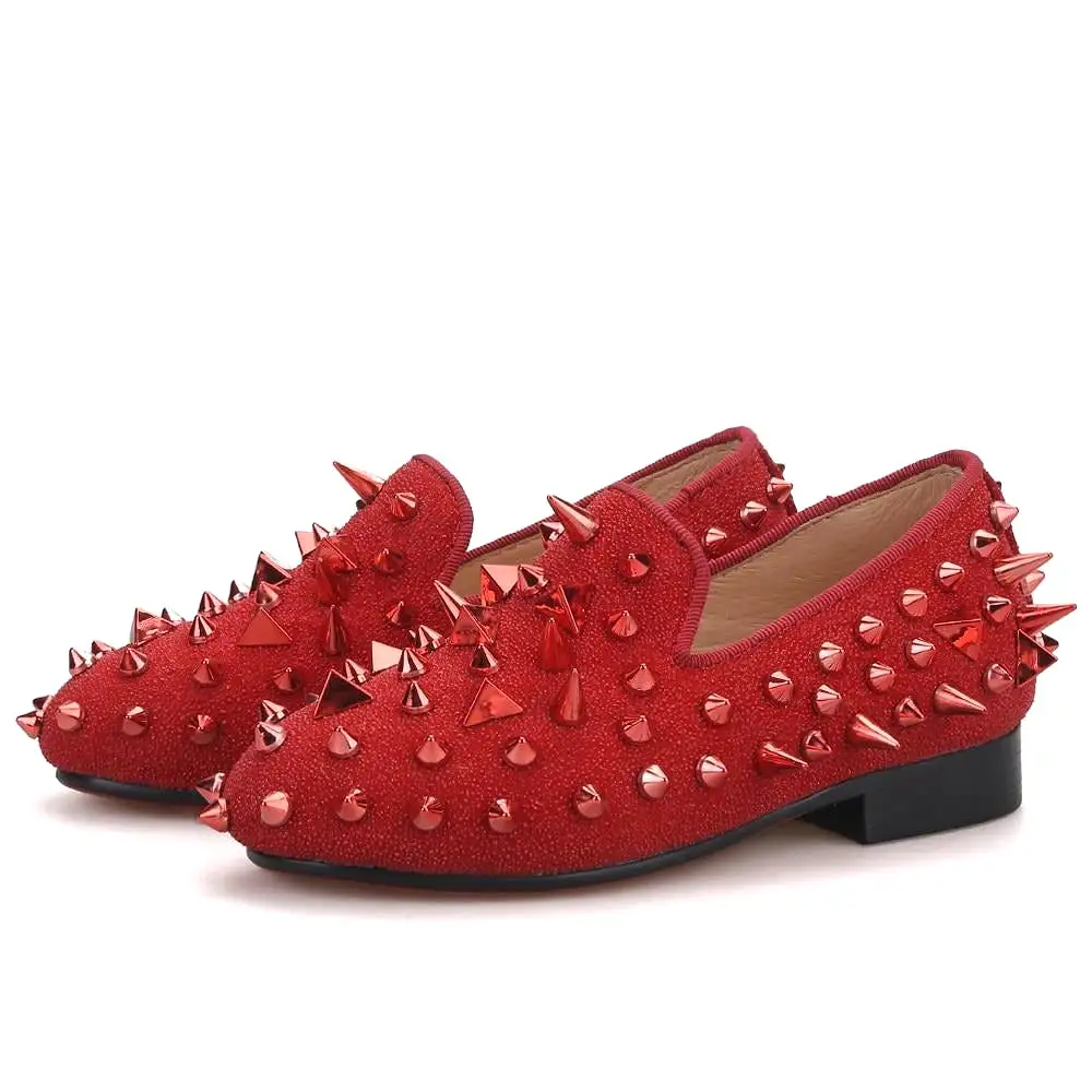 Kid OneDrop Handmade Children Wedding Party And Prom Spikes Red Loafers