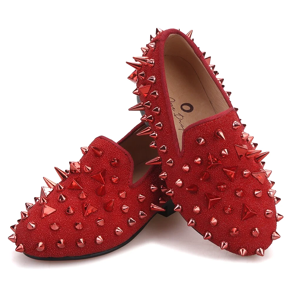 Kid OneDrop Handmade Children Wedding Party And Prom Spikes Red Loafers