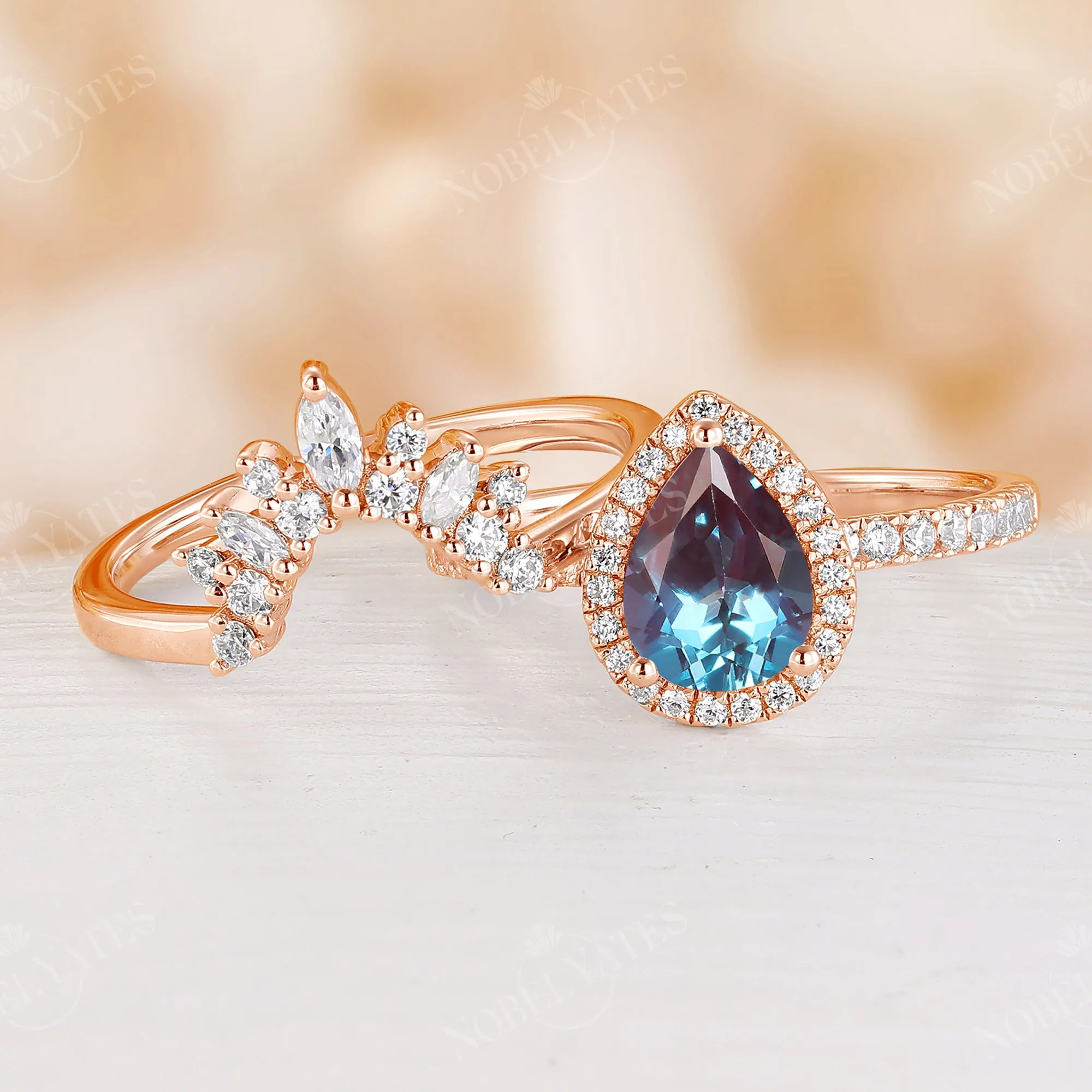 Lab Alexandrite Halo Bridal Set Rose Gold Curved Wedding Band