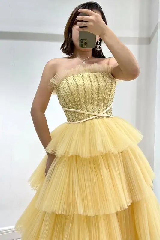 Layered Tulle Prom Dress with Strapless and Sleeveless Design by Daffodil