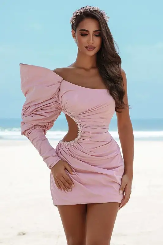 Light Pink One-Shoulder Sequined Pleated Short Prom Dress