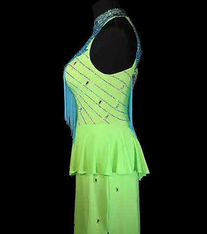 Lime Green and Blue Rhythm Dress with Fringe and Lace accents with Swarovski Stones Size Small LAT080