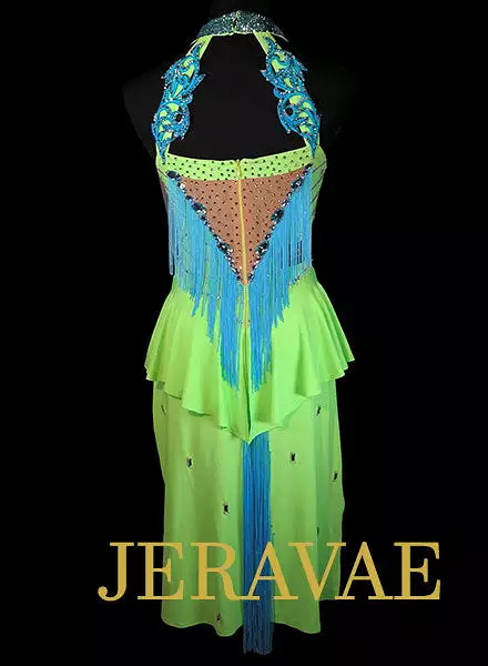 Lime Green and Blue Rhythm Dress with Fringe and Lace accents with Swarovski Stones Size Small LAT080