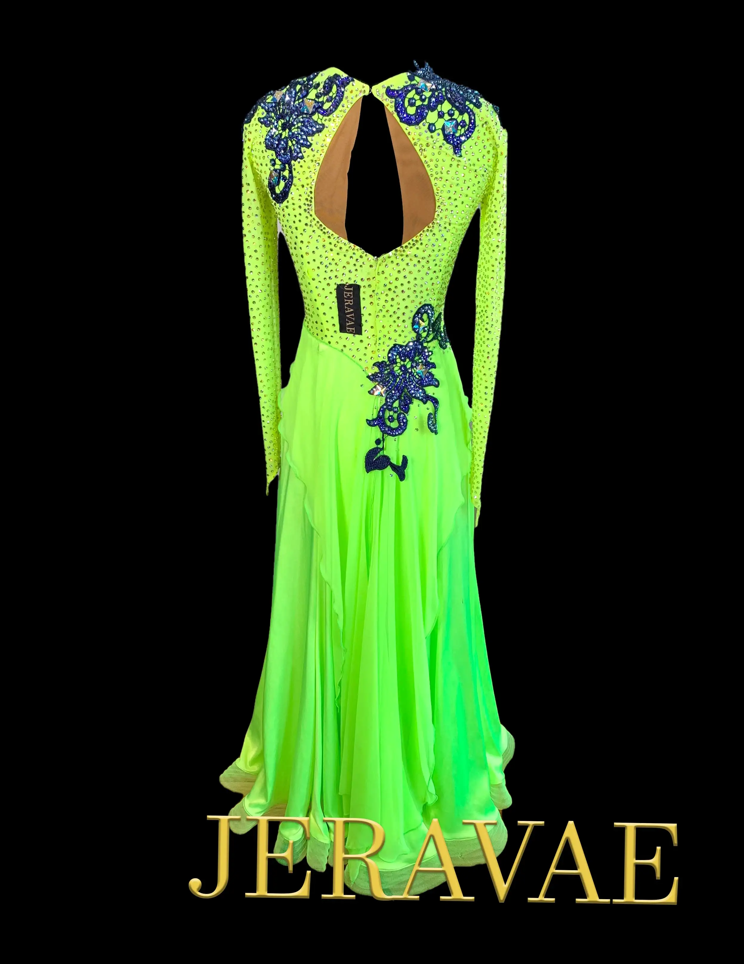 Lime Green Long Sleeve Smooth Ballroom Dress with Blue Lace Applique, Swarovski Stones, Blue Sash, and Exposed Horsehair Hem Sz 