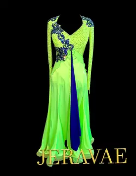 Lime Green Long Sleeve Smooth Ballroom Dress with Blue Lace Applique, Swarovski Stones, Blue Sash, and Exposed Horsehair Hem Sz 