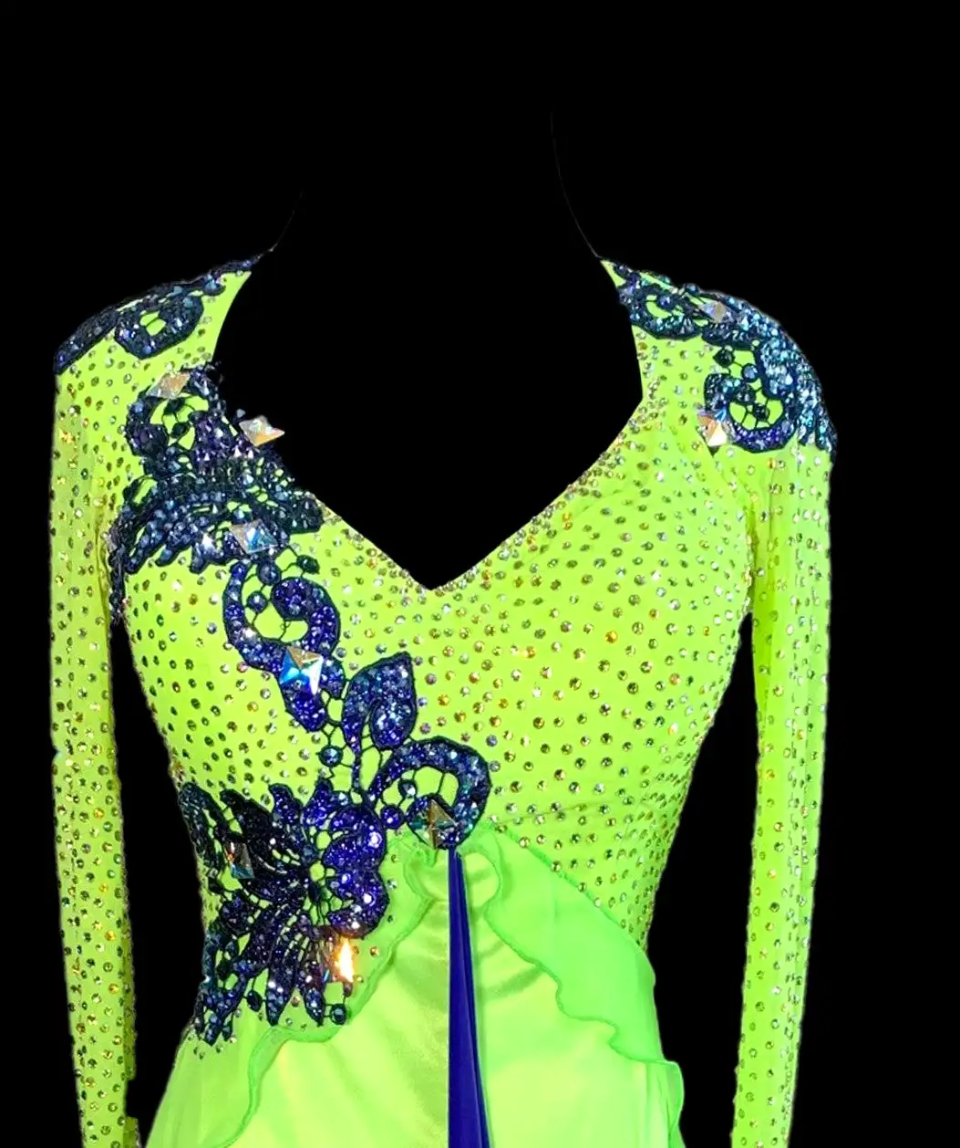 Lime Green Long Sleeve Smooth Ballroom Dress with Blue Lace Applique, Swarovski Stones, Blue Sash, and Exposed Horsehair Hem Sz 