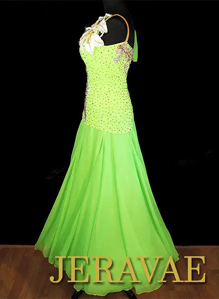 Lime Neon Green Smooth Ballroom Dress with 3D Flower and White Lace and Swarovski Stones Sz M/L (SOLD)