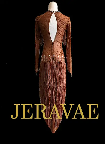 Long Brown Fringe Latin/Rhythm Dress with Crystal AB Swarovski Stones SZ L