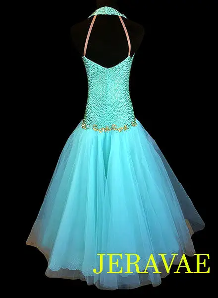 Mint Green Smooth or Standard Ballroom Dress with Gold Accents. Covered in Swarovski Stones Smo038 Sz S/M