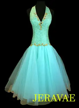 Mint Green Smooth or Standard Ballroom Dress with Gold Accents. Covered in Swarovski Stones Smo038 Sz S/M