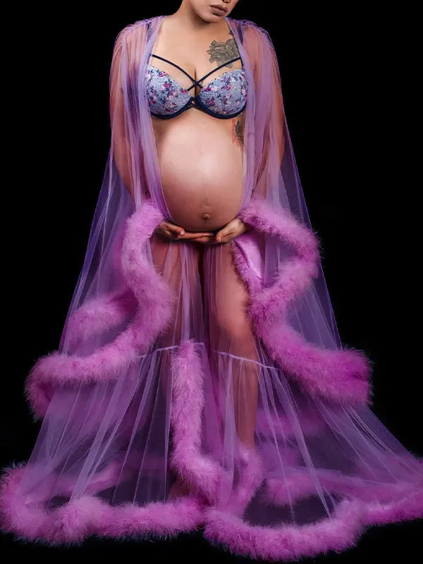 Momnfancy Purple Feather Tulle High Split Robe Gown Photoshoot Elegant Maternity Maxi Dress