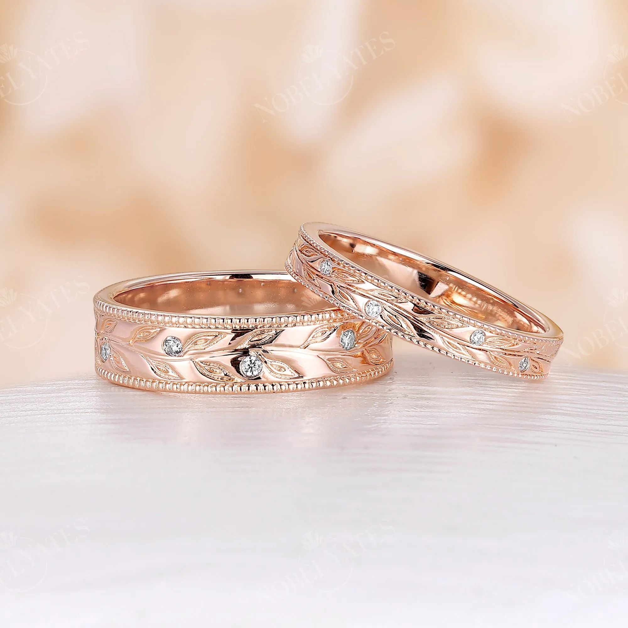 Nature Leaf Diamond Wedding Band Set Milgrain Couple's Ring