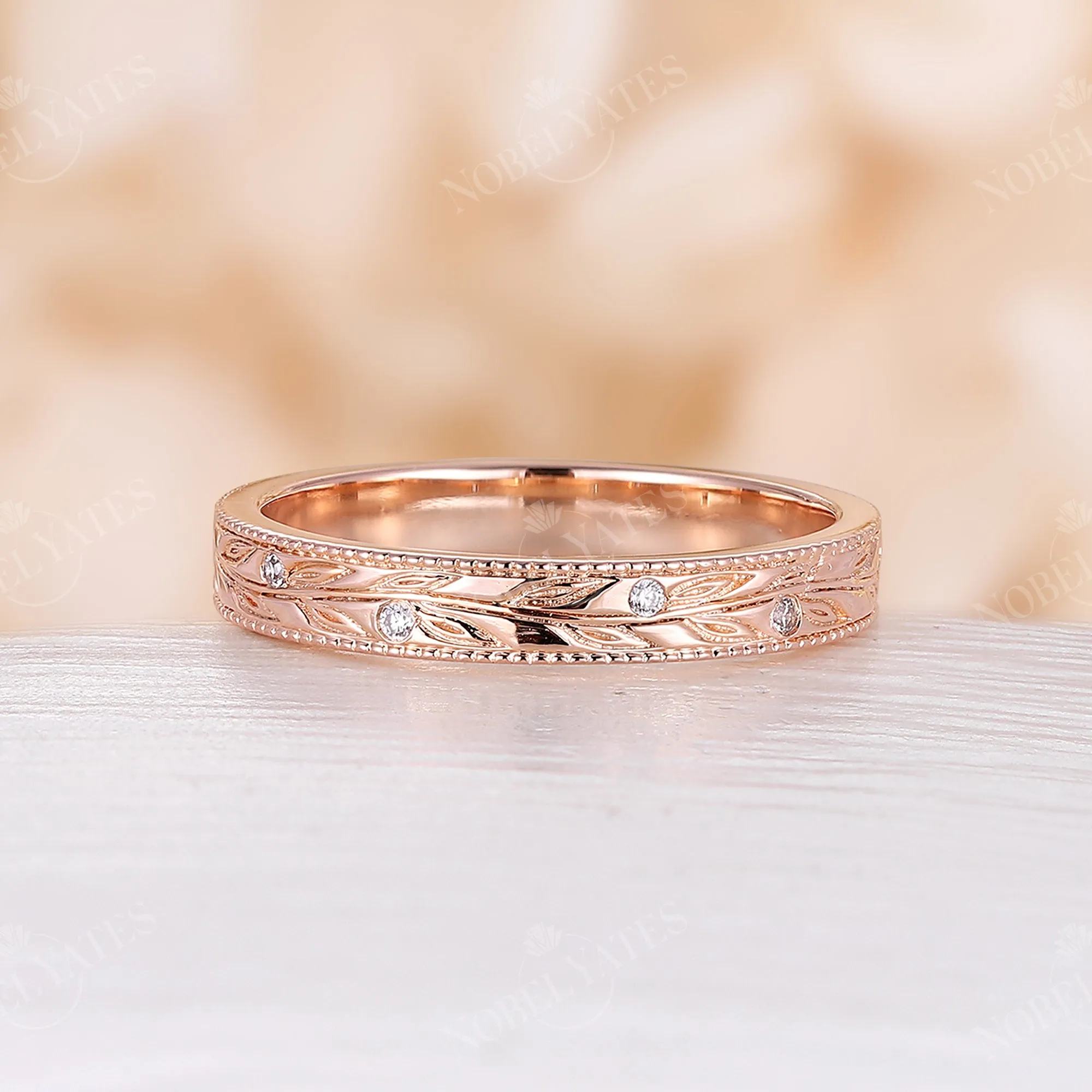 Nature Leaf Diamond Wedding Band Set Milgrain Couple's Ring