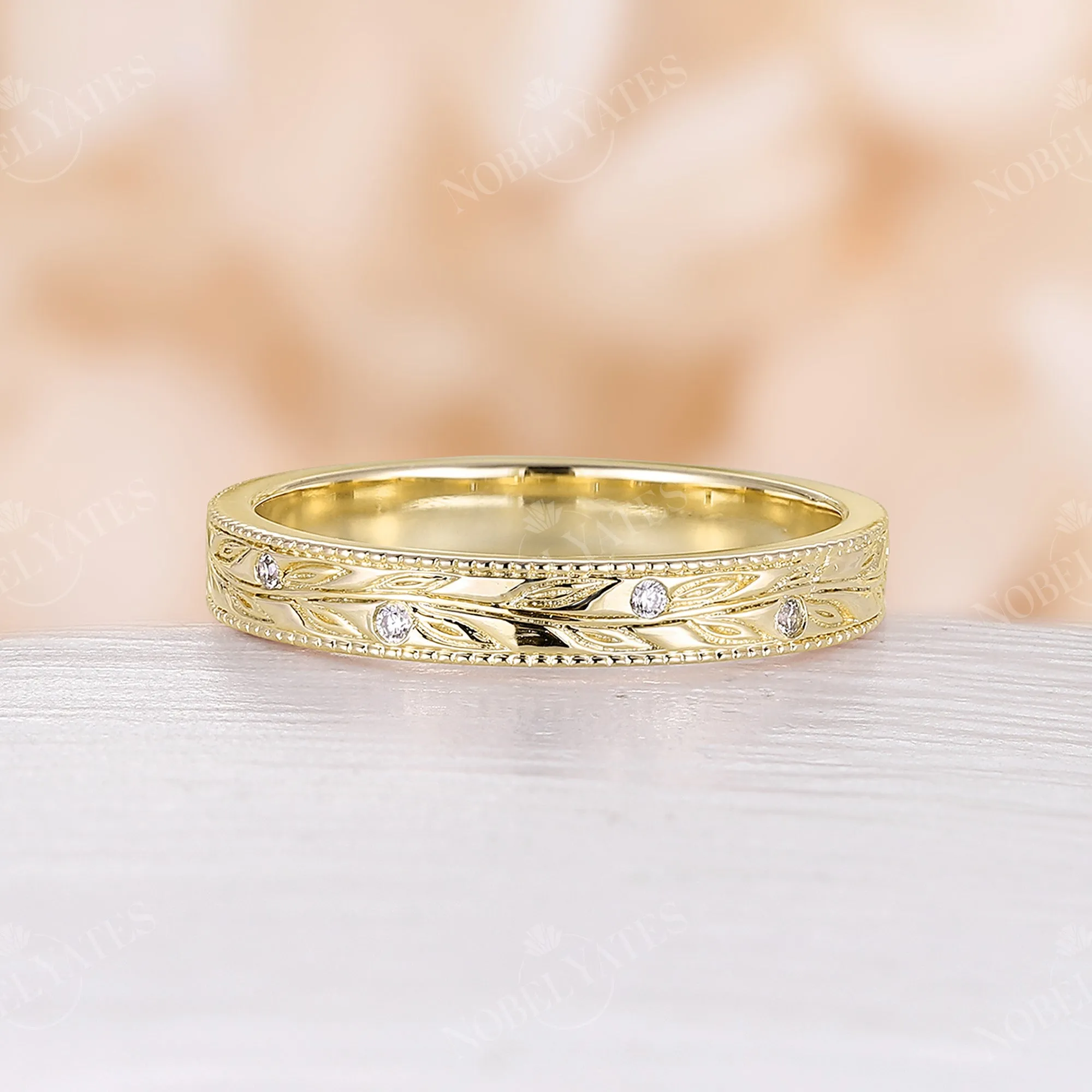 Nature Leaf Diamond Wedding Band Set Milgrain Couple's Ring