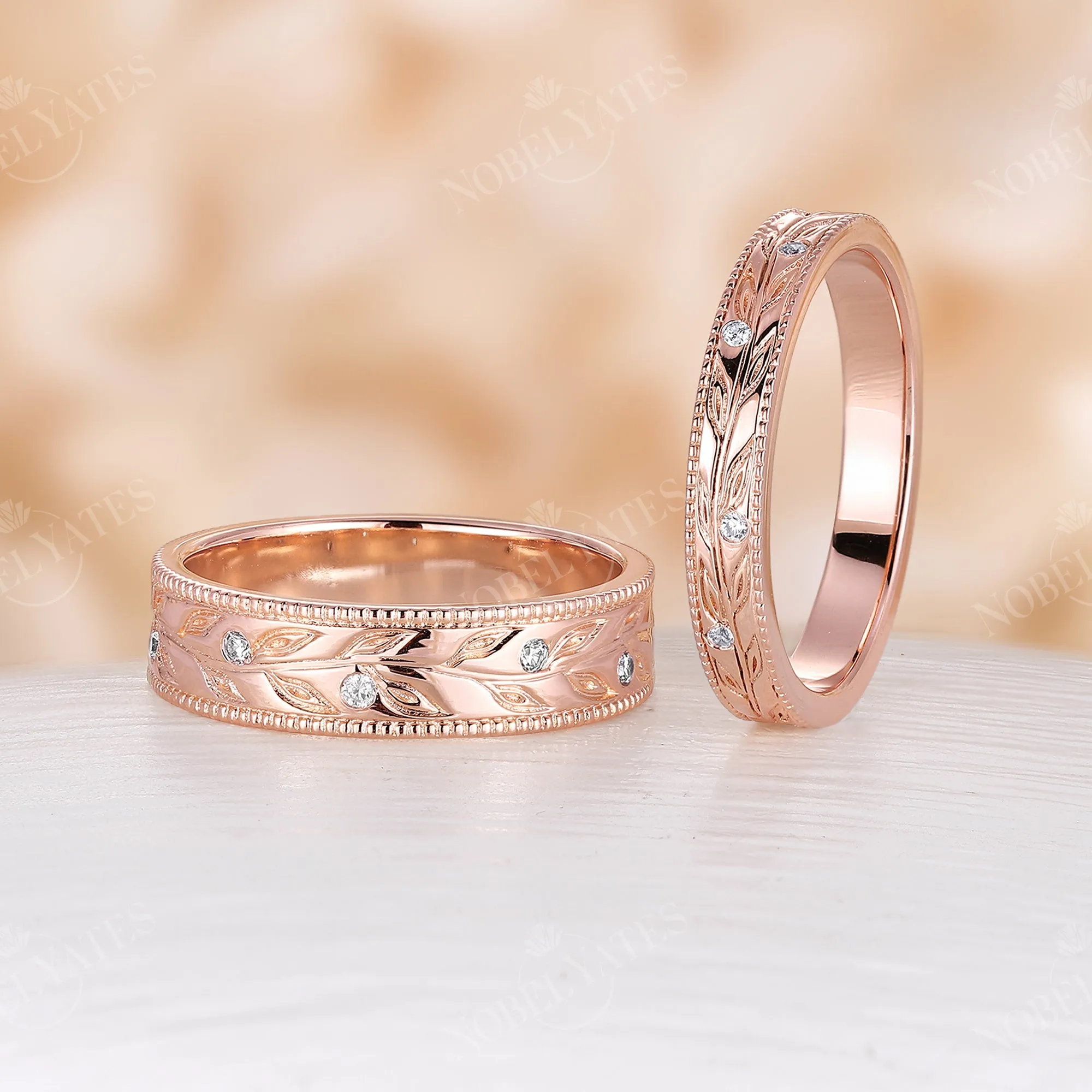 Nature Leaf Diamond Wedding Band Set Milgrain Couple's Ring