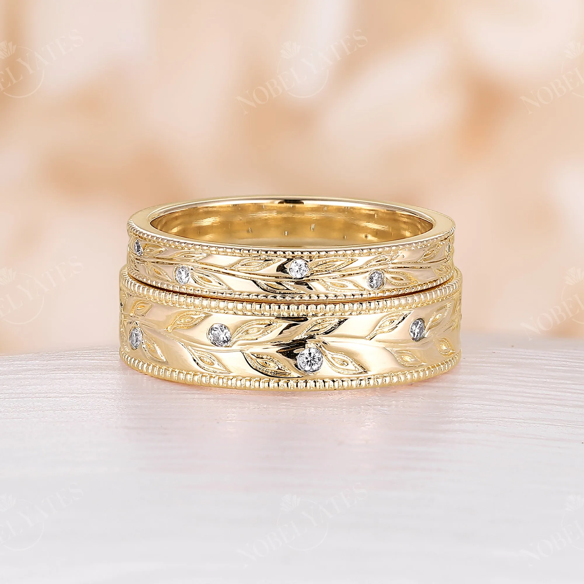 Nature Leaf Diamond Wedding Band Set Milgrain Couple's Ring