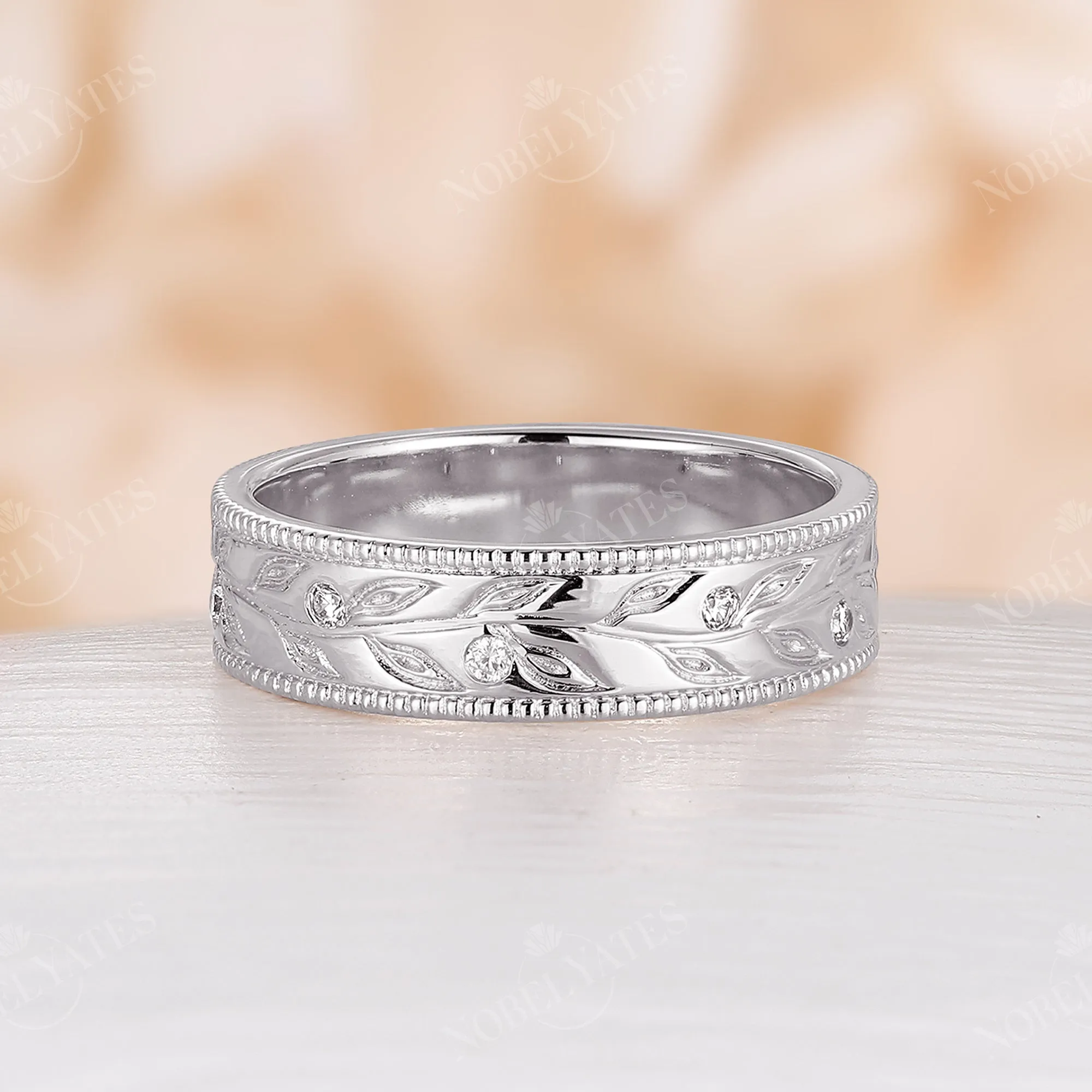 Nature Leaf Diamond Wedding Band Set Milgrain Couple's Ring