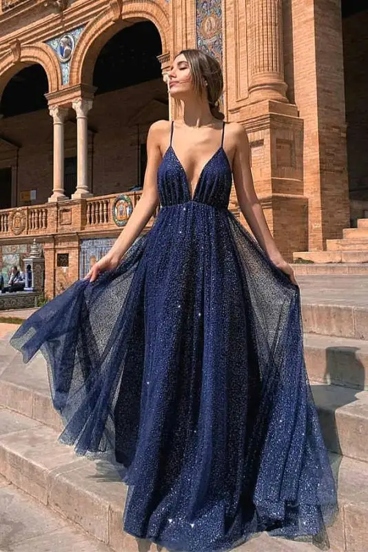 Navy Blue Sparkling Sequin Spaghetti Strap Prom Gown