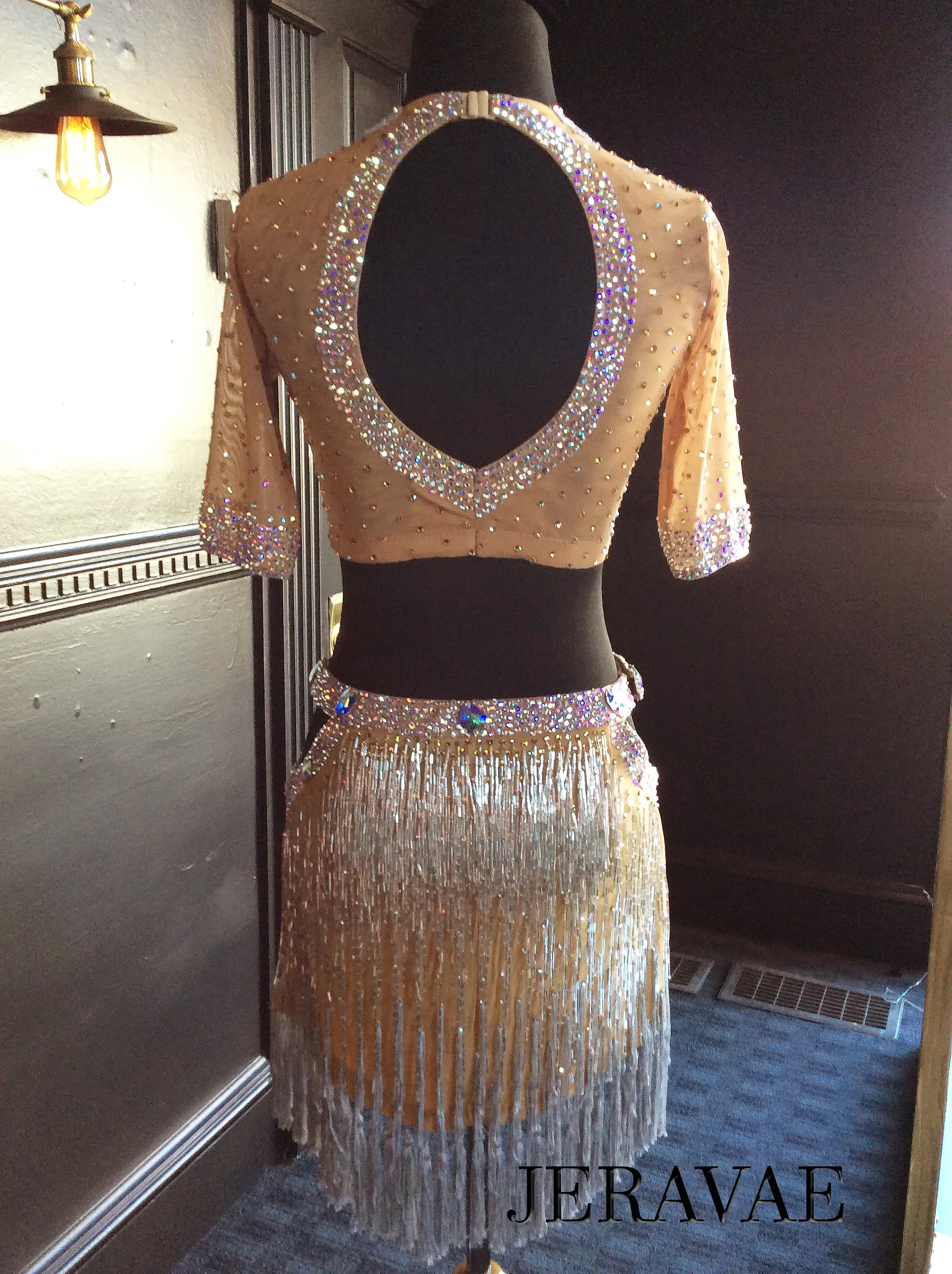 Nude 2 Piece Latin Dress with Bugle Beads, White Appliques and Swarovski Stones Lat114