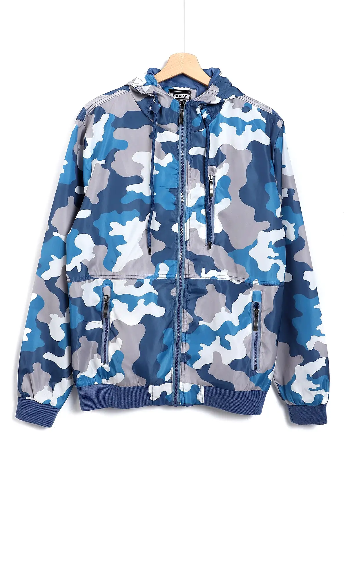 O157785 Camouflage Hooded Jacket With Zipped Front Pockets - Blue, White & Grey