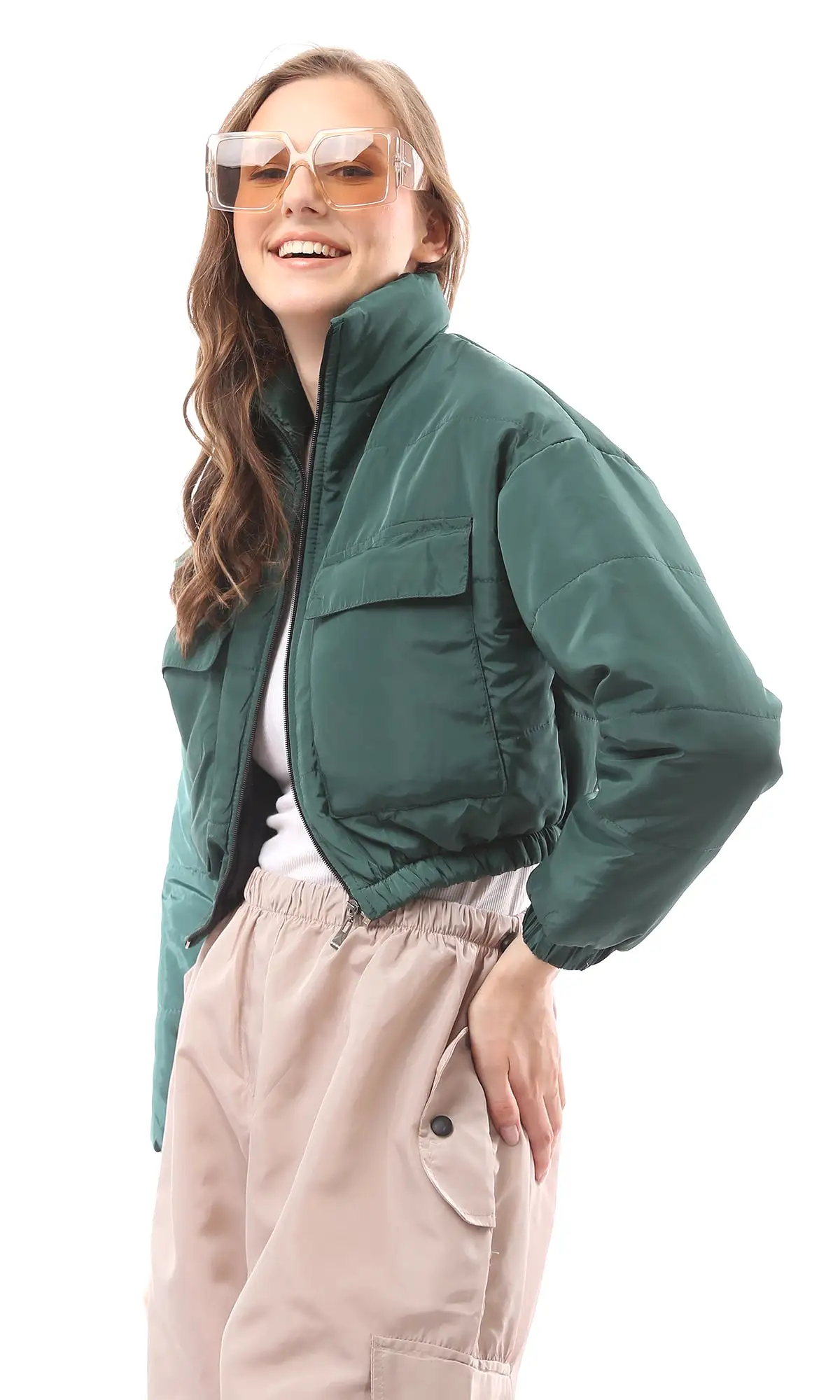 O170759 Forest Green Puffer Jacket With Front Pockets