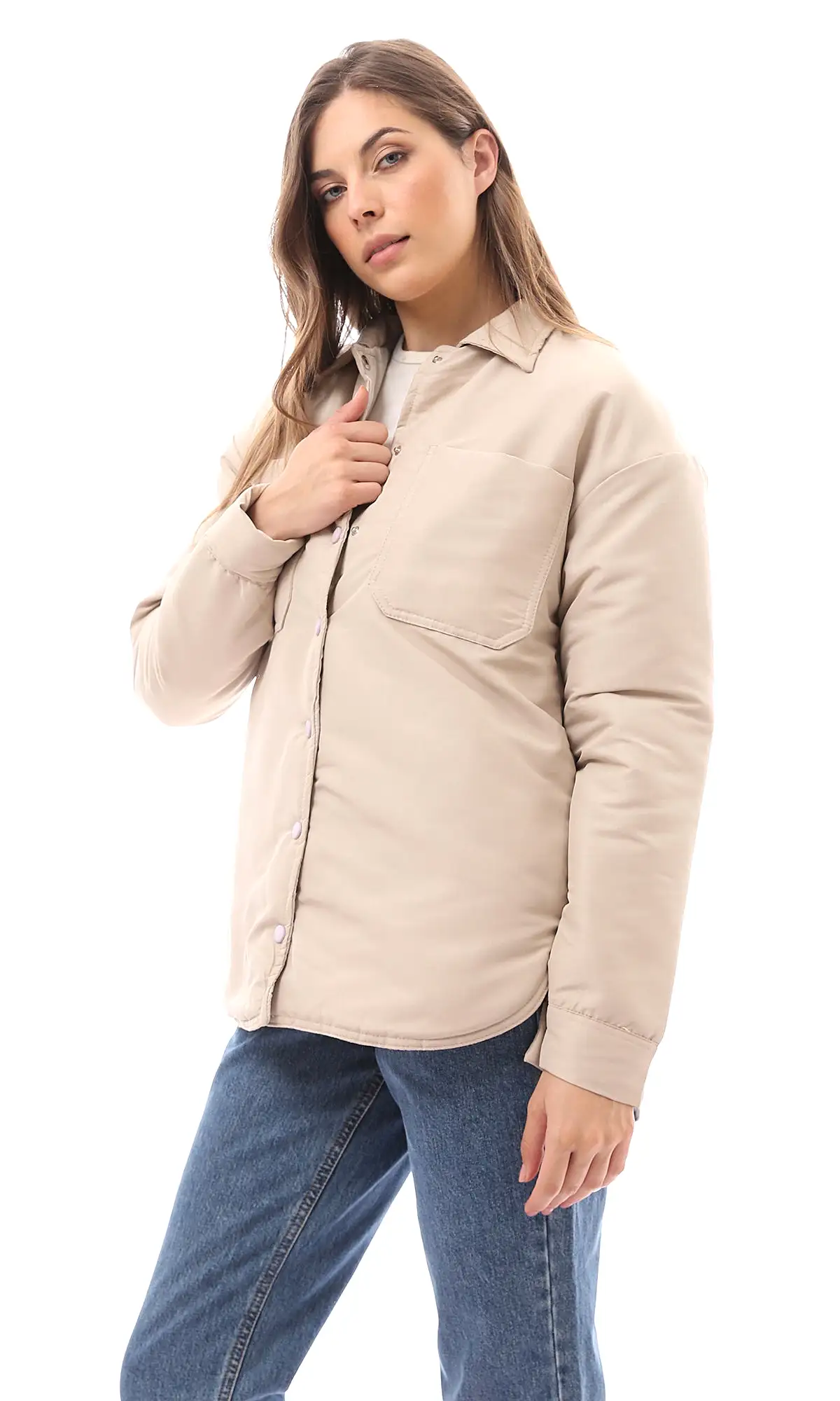 O170782 Long Sleeves Coziness Beige Puffer Jacket