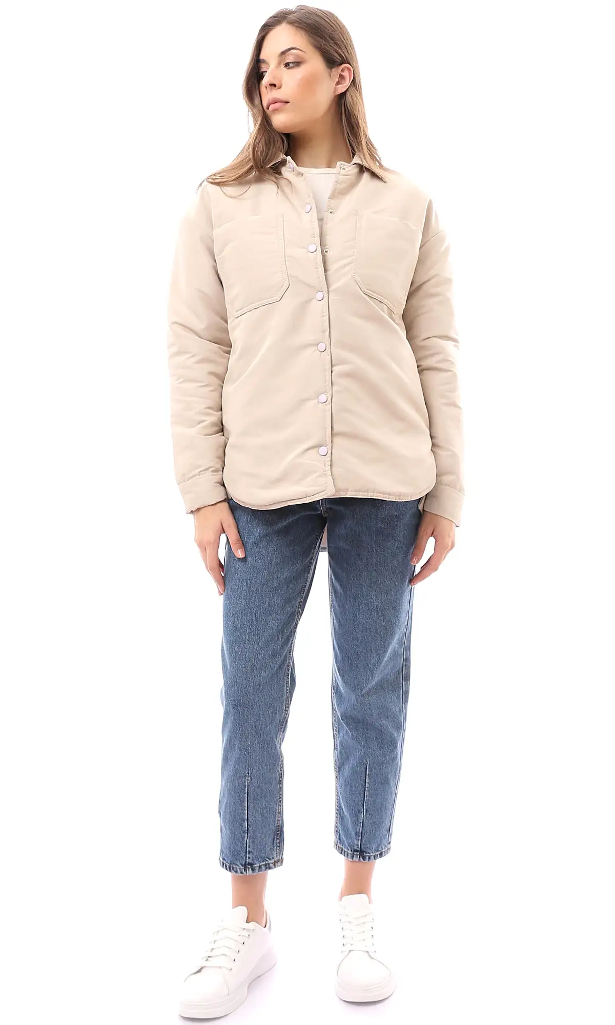 O170782 Long Sleeves Coziness Beige Puffer Jacket