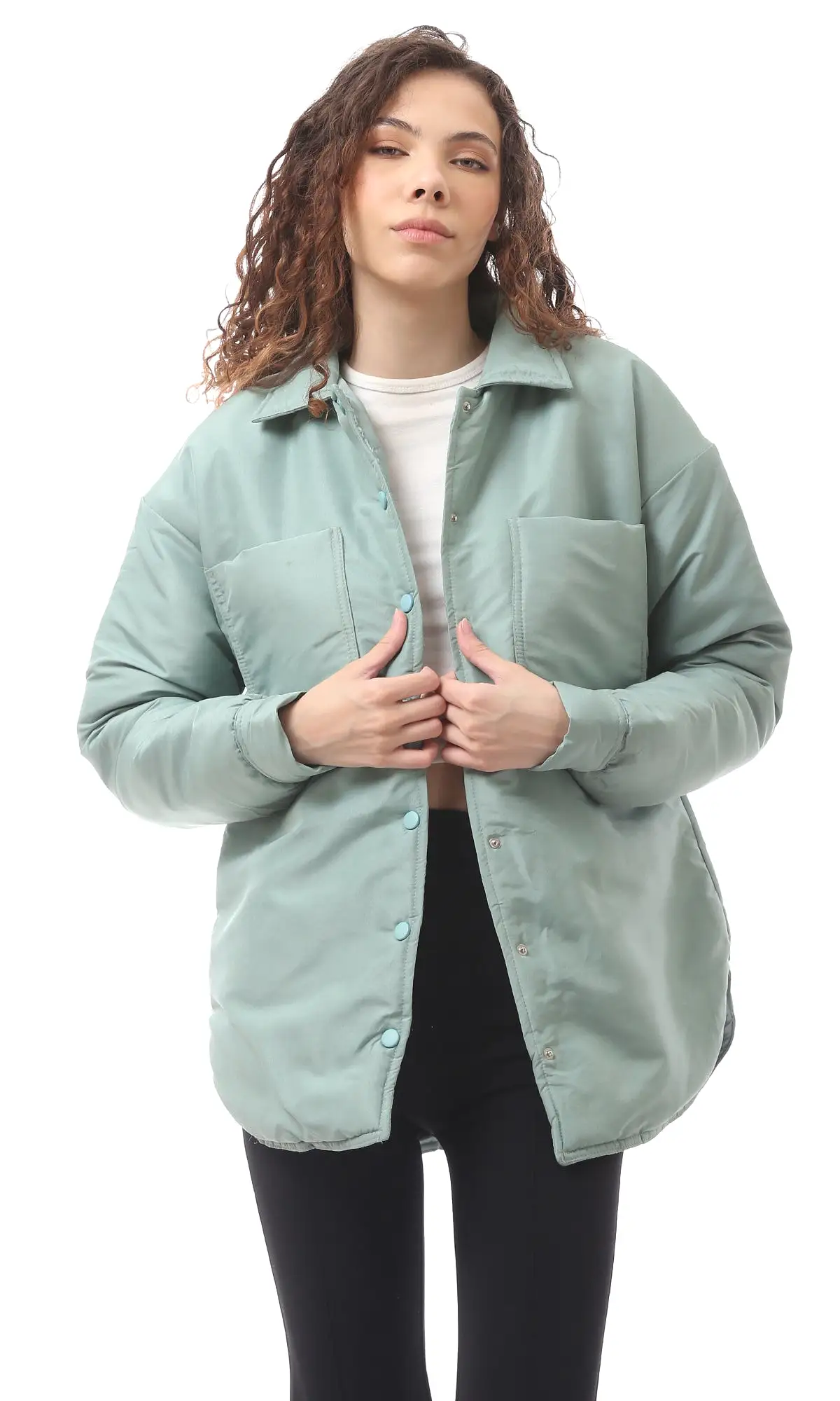 O170783 Mint Green Buttoned Mandarin Collar Jacket