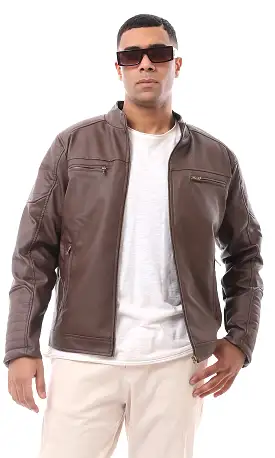 O173263 Dark Brown Textured Leather Zipped Cuffs Racer Jacket