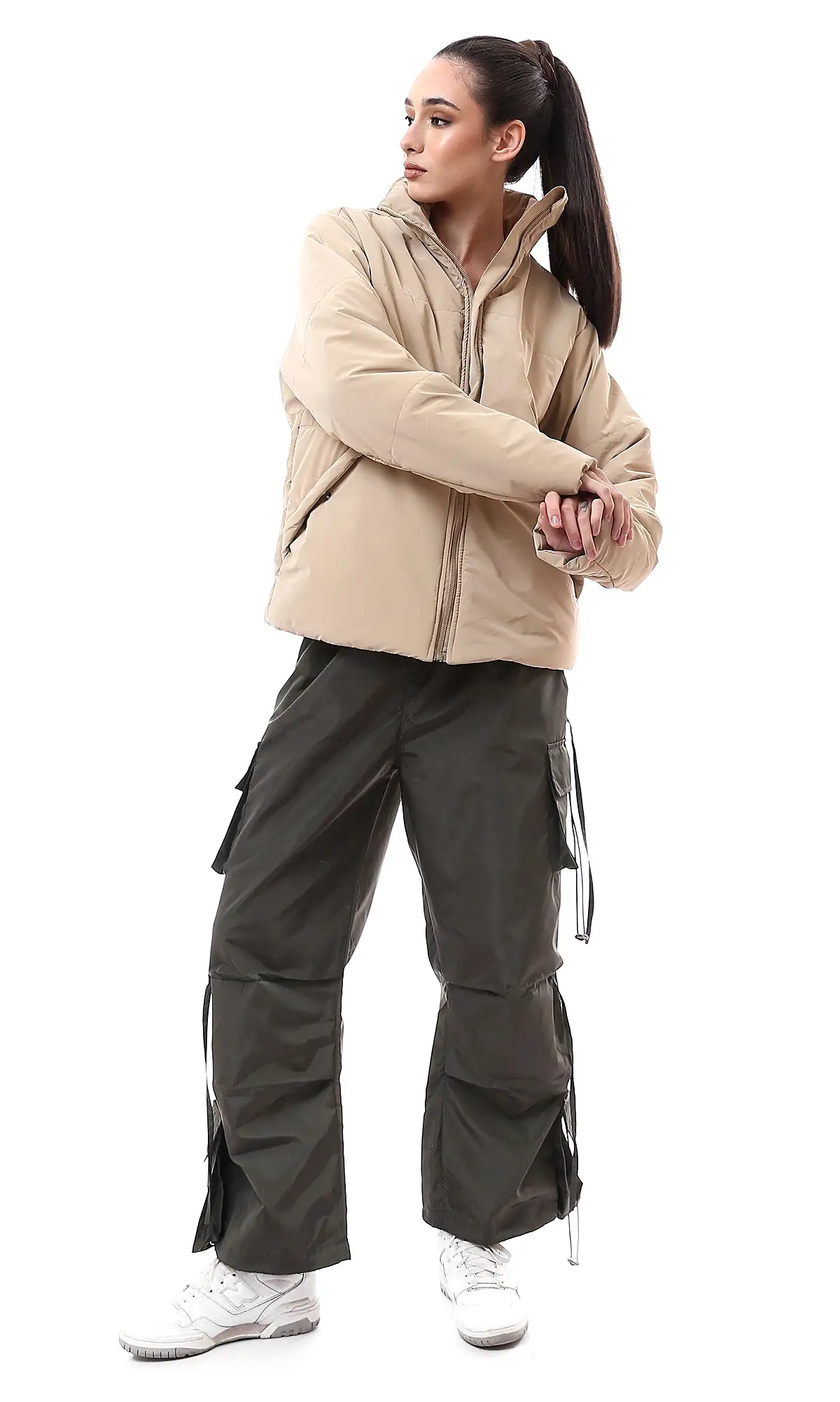 O173799 Zipped Pockets Solid Sand Beige Winter Jacket