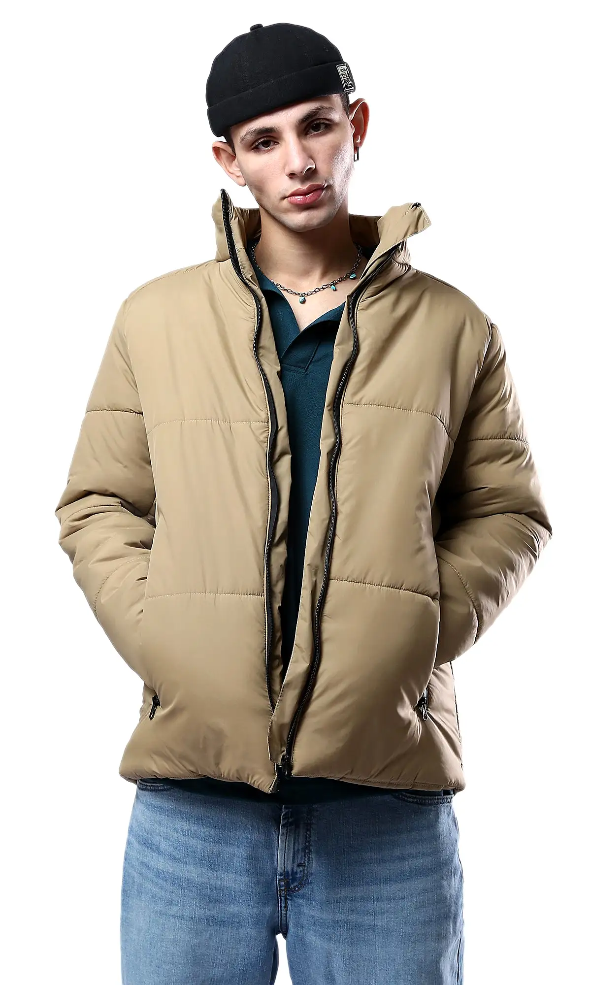 O180577 Stand-Collar Solid Light Camel Puffer Jacket