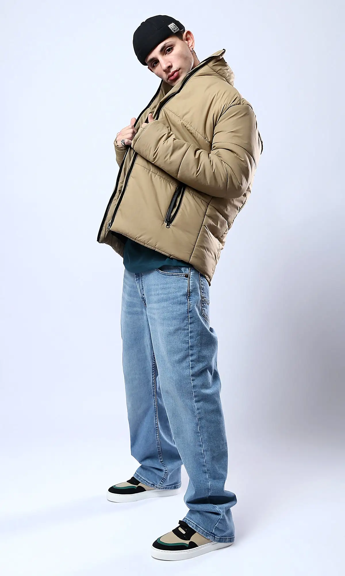 O180577 Stand-Collar Solid Light Camel Puffer Jacket