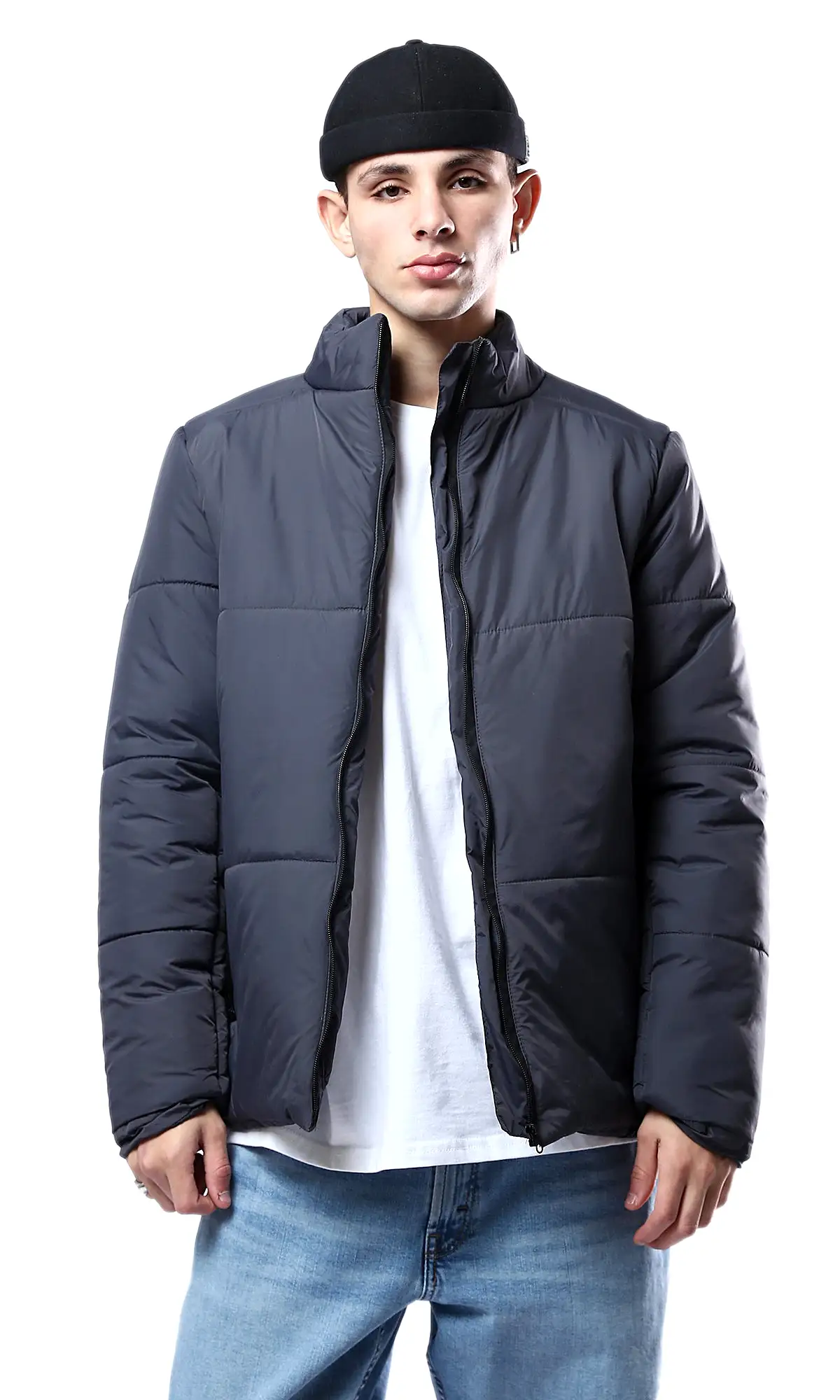 O180579 Full Zipper Dark Grey Coziness Puffer Jacket