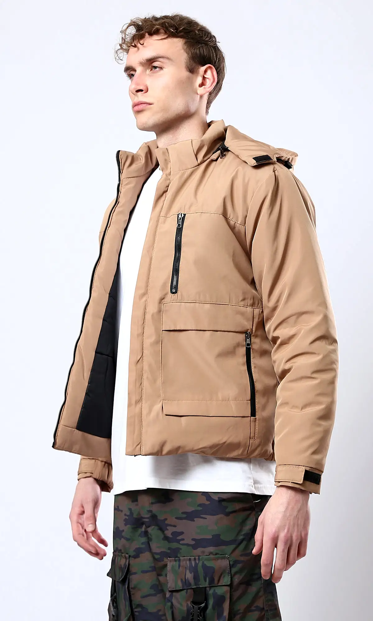 O181759 Camel Hooded Jacket With Side Pockets