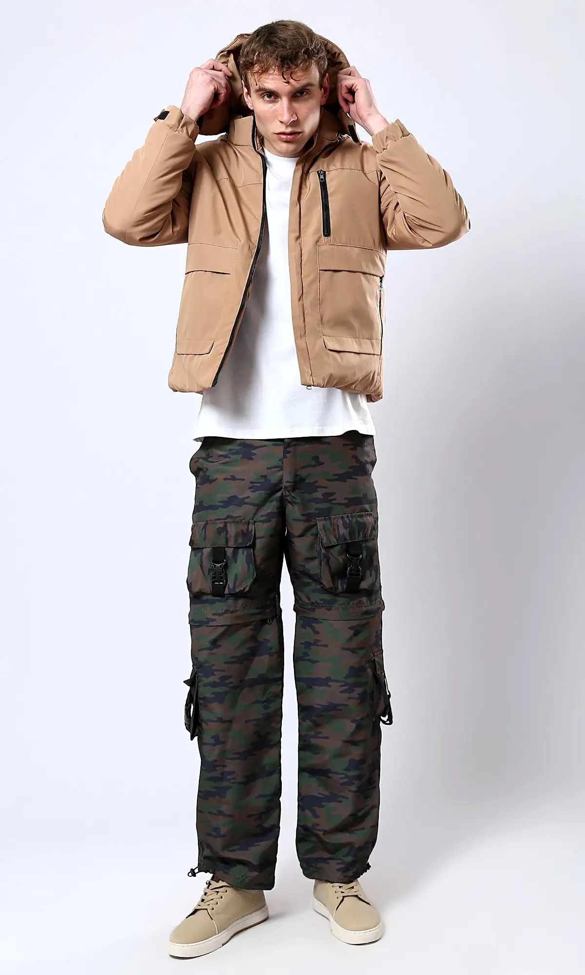 O181759 Camel Hooded Jacket With Side Pockets