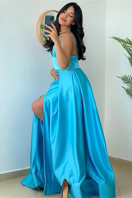 Ocean Blue Dreamy Spaghetti Strap Prom Gown