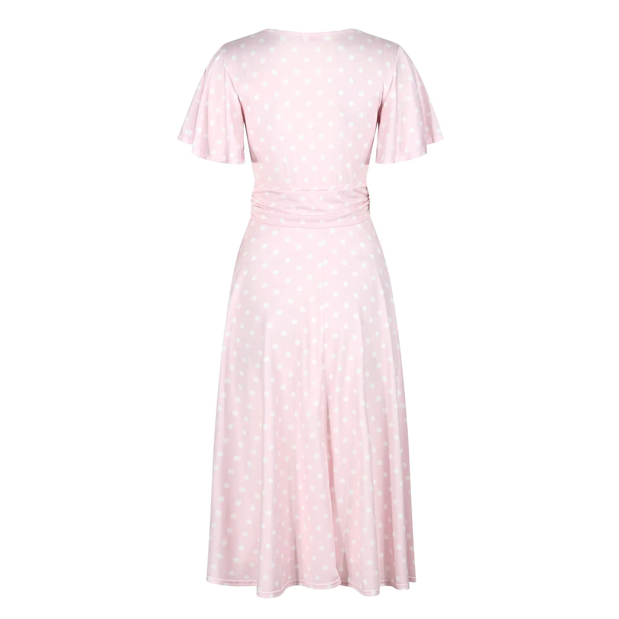 Pale Pink White Polka Dot Waterfall Sleeve Swing Dress