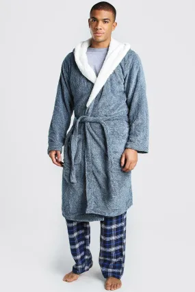 Plain Fleece Lined Hooded Dressing Gown