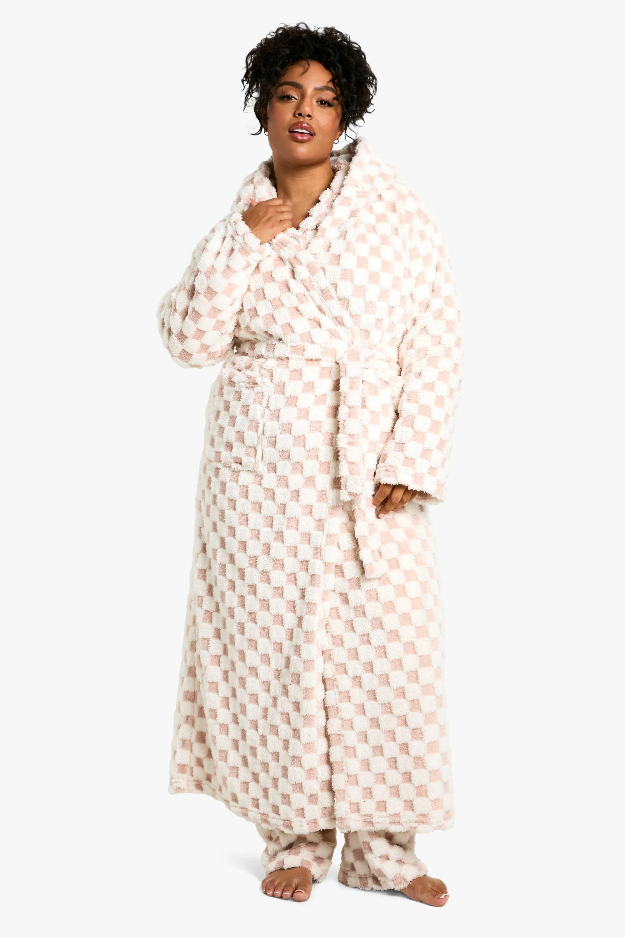 Plus Baby Pink Checkerboard Maxi Fleece Dressing Gown