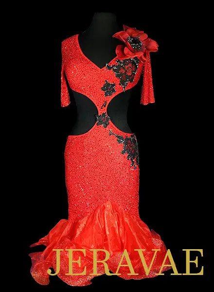 Red Latin Dress with Flower and Black Lace Covered in Swarovski Crystals LAT048 sz Medium