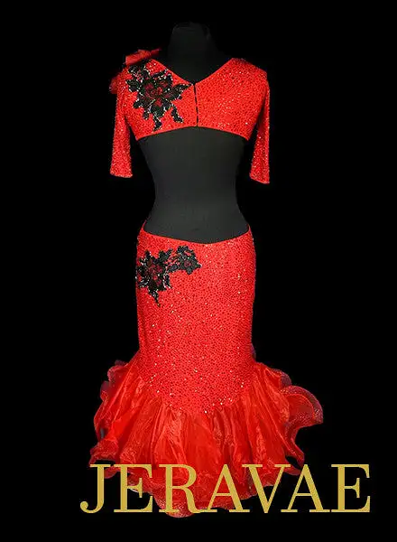 Red Latin Dress with Flower and Black Lace Covered in Swarovski Crystals LAT048 sz Medium