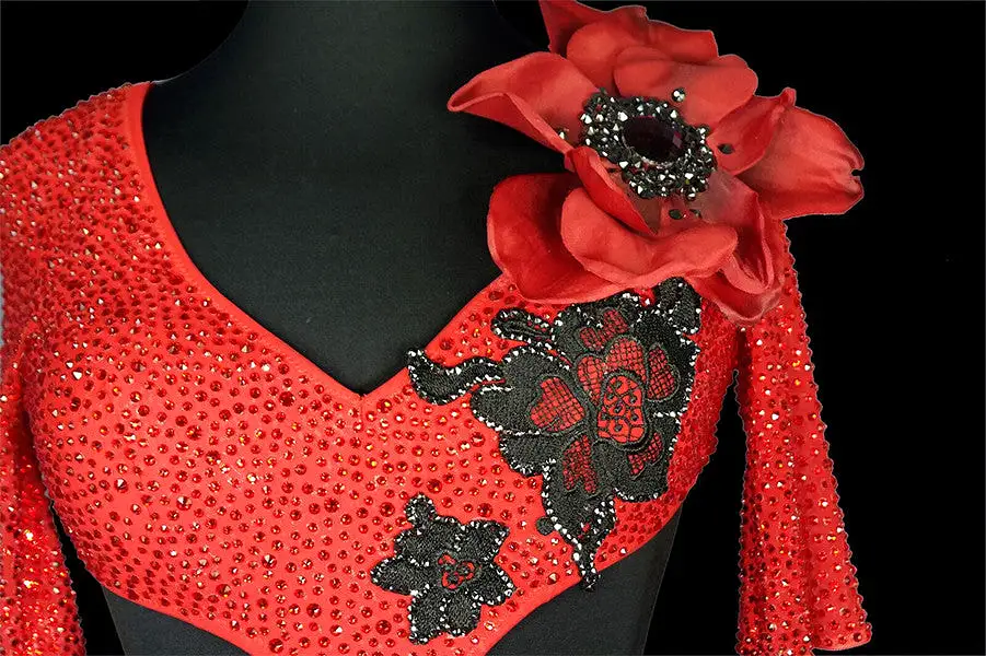 Red Latin Dress with Flower and Black Lace Covered in Swarovski Crystals LAT048 sz Medium