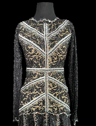 Resale Artistry in Motion Black Lace Latin Dress with Long Sleeves, Swarovski Stones, Nude Underlayer, and Silver Accents Sz S L