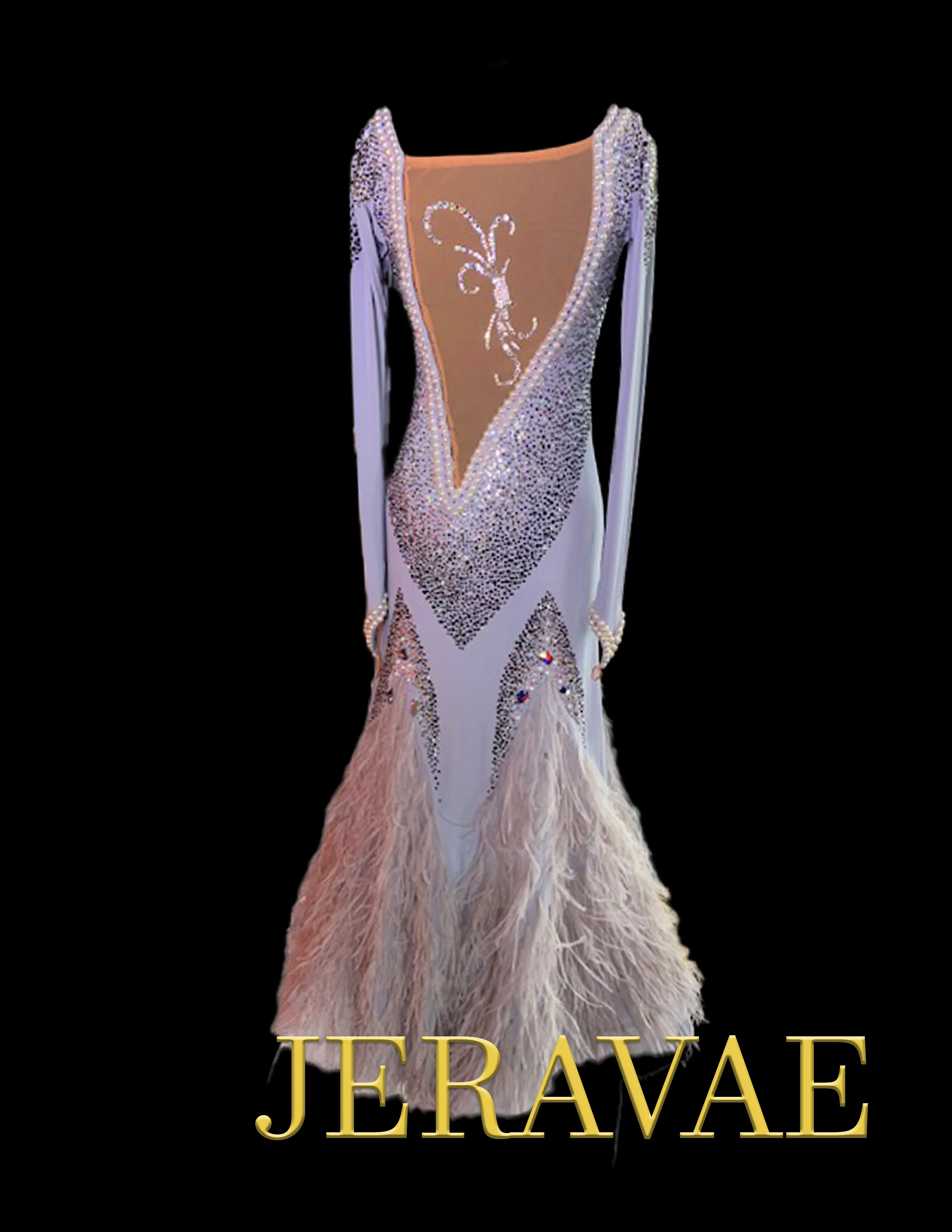 Resale Artistry in Motion Pale Purple/Gray Ballroom Dress with Pearls, Swarovski Stones, Black Widow Mesh Insert on Front, Feath