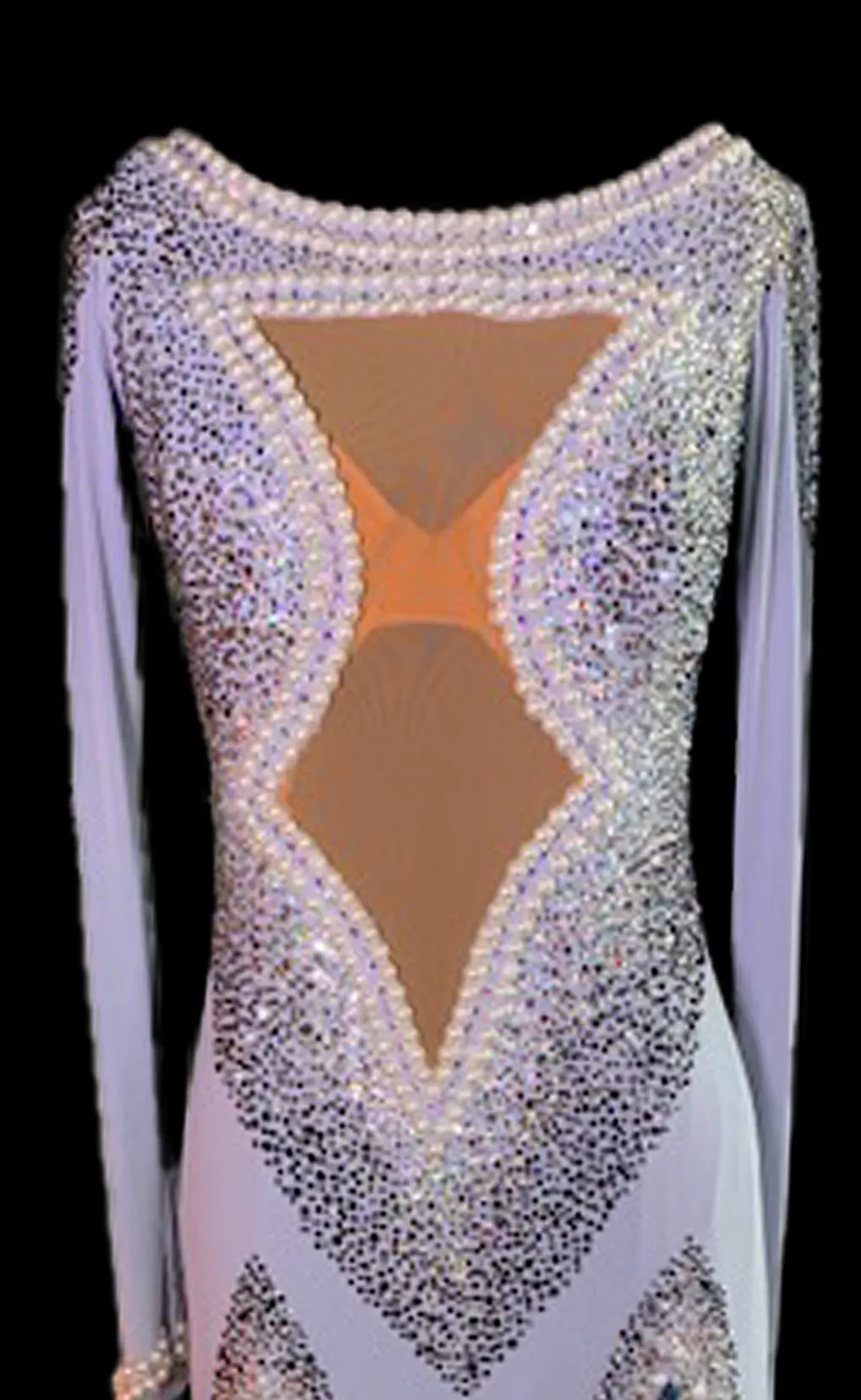 Resale Artistry in Motion Pale Purple/Gray Ballroom Dress with Pearls, Swarovski Stones, Black Widow Mesh Insert on Front, Feath