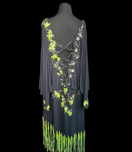 Resale Artistry in Motion Plus Size Black Latin Dress with Lime Neon Green Lace Appliqué and Fringe, Swarovski Stones, and Criss