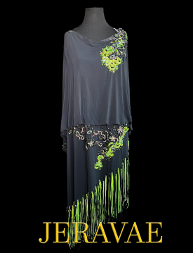 Resale Artistry in Motion Plus Size Black Latin Dress with Lime Neon Green Lace Appliqué and Fringe, Swarovski Stones, and Criss