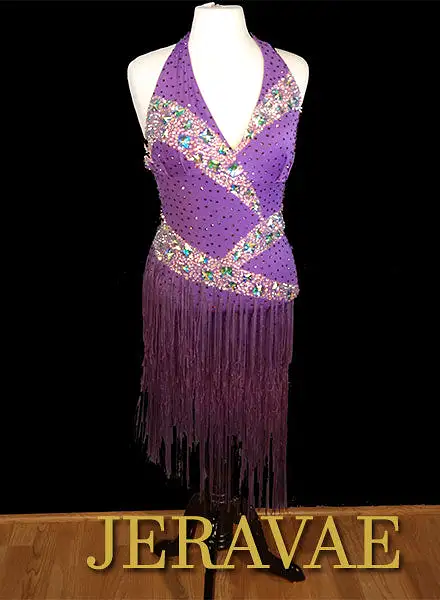 Resale Fiore Purple Latin Dringe Dress with Swarovski Stones Sz M/L LAT098