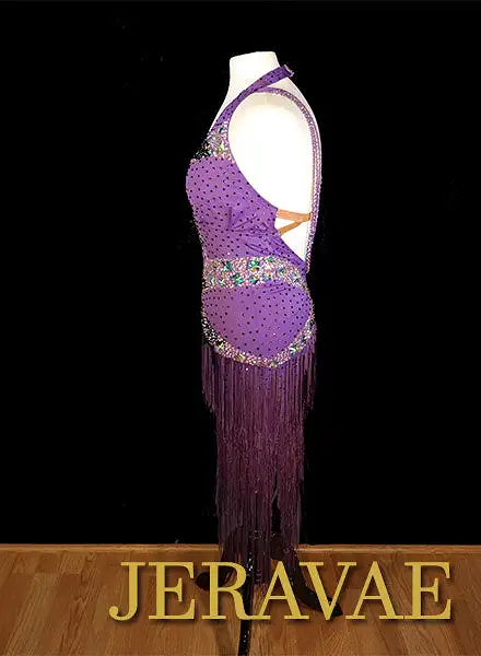 Resale Fiore Purple Latin Dringe Dress with Swarovski Stones Sz M/L LAT098