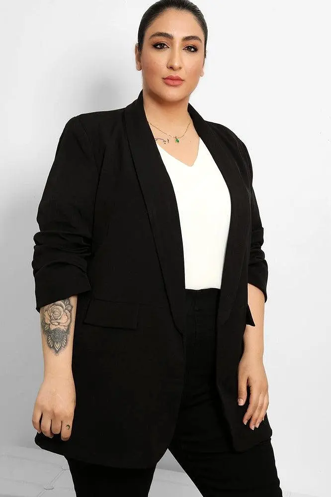 Ruched Sleeves Open Front Blazer